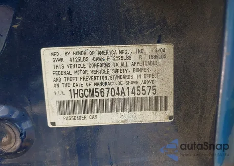 2004 Honda Accord 2.4 Ex from USA, damaged, VIN 1HGCM56704A145575